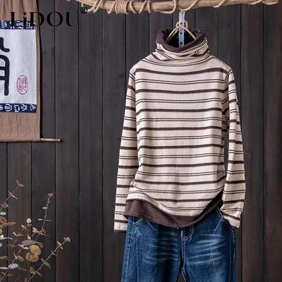 2024 Autumn Winter New Striped Printing Fashion Turtleneck Long Sleeve T-shirt Women Contrast Color Vintage All-match Pullovers