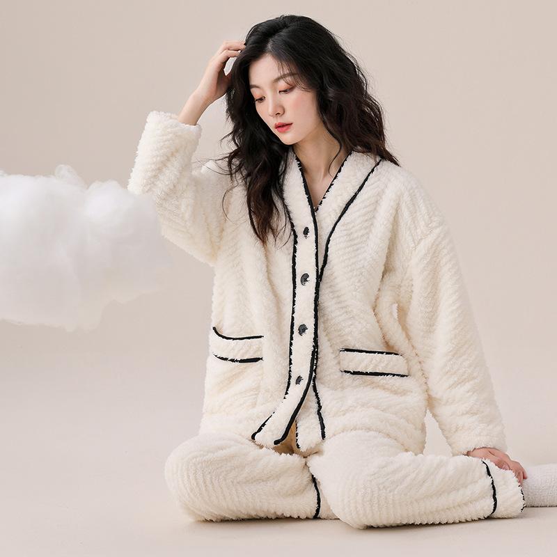 Coral Fleece Pajamas Women'S Autumn And Winter Fleece Thickened Warm Suit Winter Flannel Casual Can Be Worn Outside Loungewear