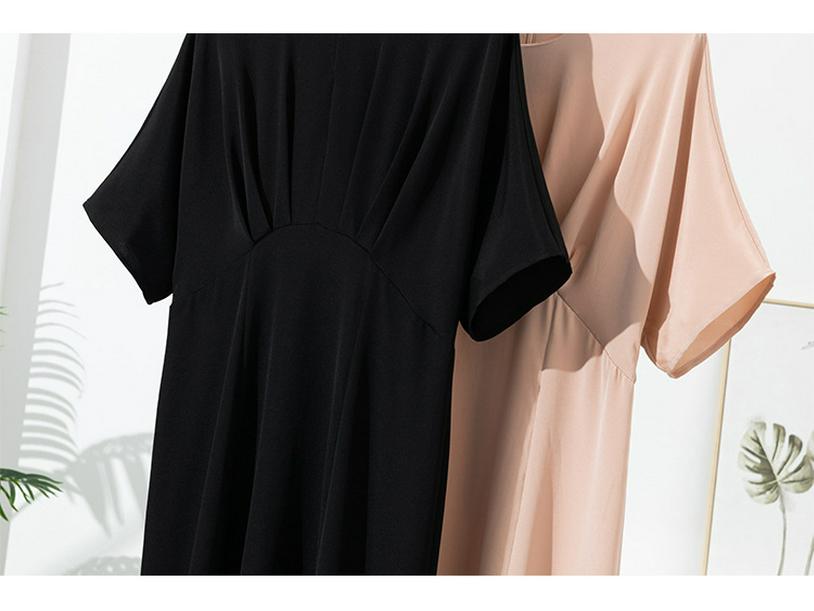 Women's Short Sleeve Real Silk Dress - Loose Fit, Solid Color, Round Neck, Long Length