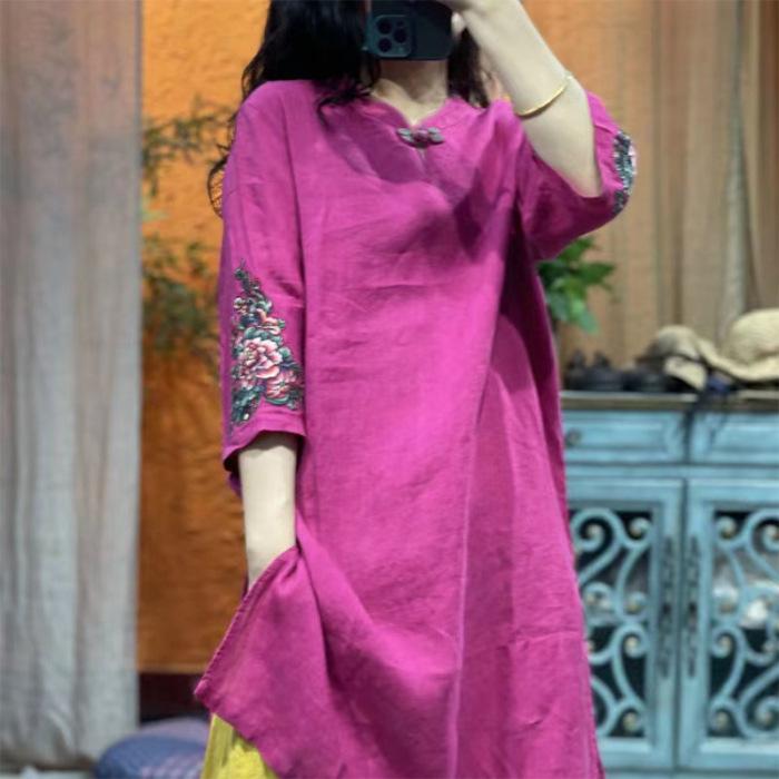 Plus Size Embroidered Cotton Linen Dress with 3/4 Sleeves - Retro Style for Spring and Autumn
