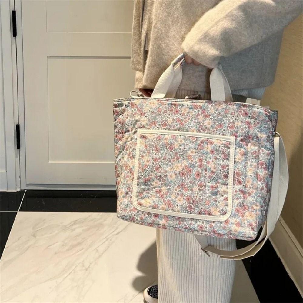 Portable Floral Printing Mummy Baby Bag Large Capacity Cotton Crossbody Bag Lightweight Handbag Diapers Stroller Bag Mother