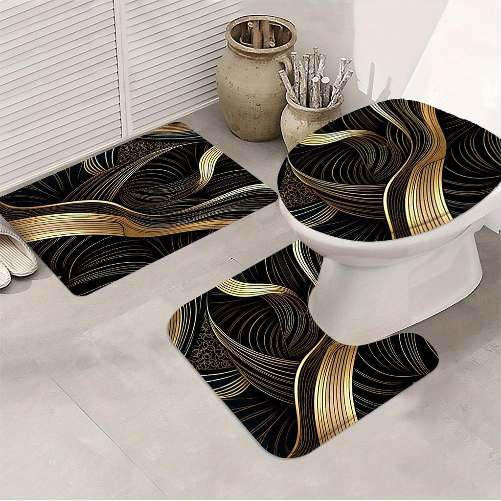 4Pcs Golden Swirl Shower Curtain Set with Non-Slip Bath Mat, Toilet Lid Cover, Contour Rug & 12 Hooks, Bathroom Decor