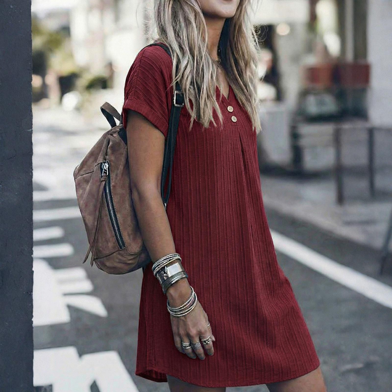 

Women s Striped Shirt Dress Short Sleeve Button Front Casual Loose Fit Dress XL червоний
