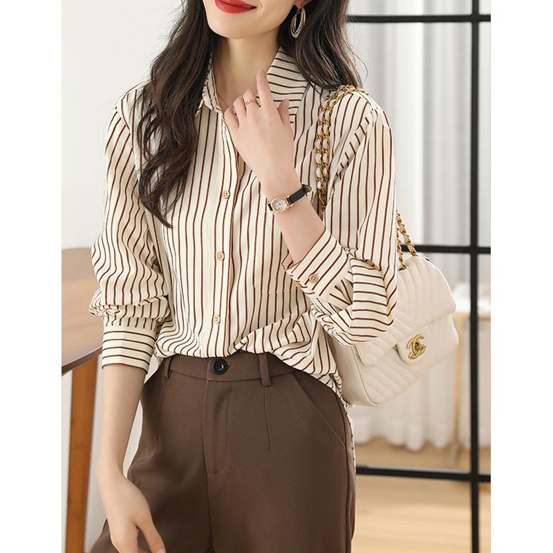 

Рубашка с длинными рукавами в кофейную полоску для женщин, осень, новая модная повседневная рубашка, уменьшающая возраст 2XL