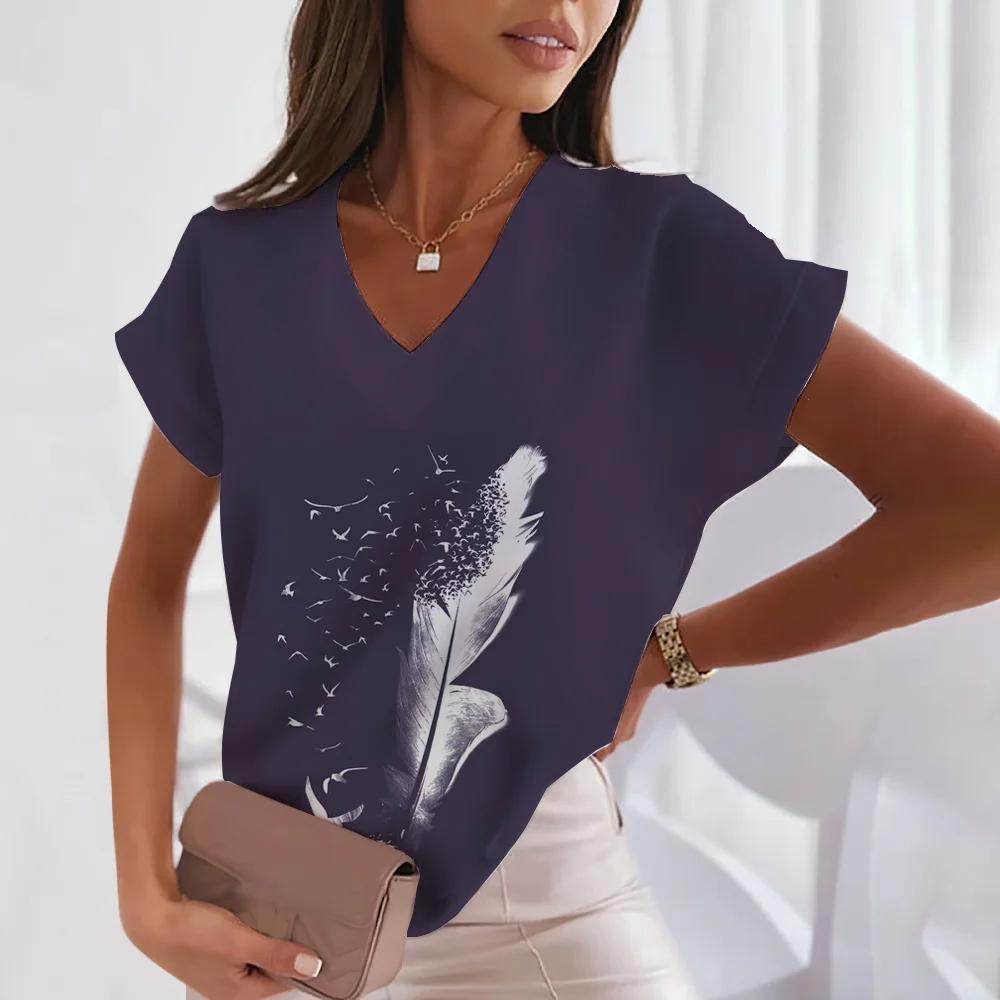 Women's New V-neck T-shirt Summer Spring Breathable Smooth Solid Fashion Casual Large Y2K Feather Hot Selling Girl Print