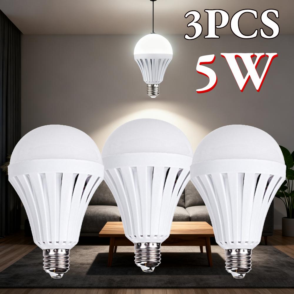 3pcs Rechargeable E27 Emergency Lantern Bulb 5W Energy-Saving Light No Hook for Camping Home Living Room Power Failure