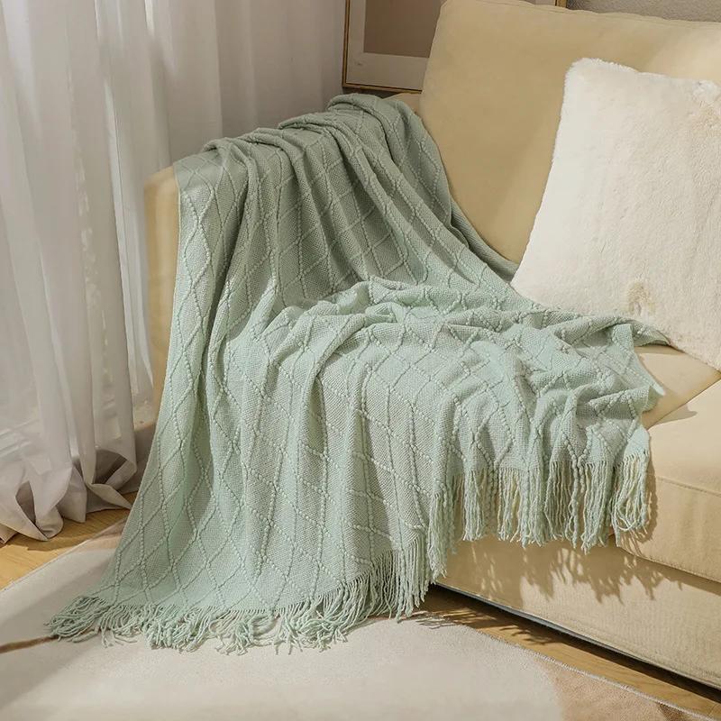 Knitted Throw Blanket Soft Cozy for Couch Yellow Living Room Home Decor Outdoor Lightweight Blanket with Tassels Warm Woven