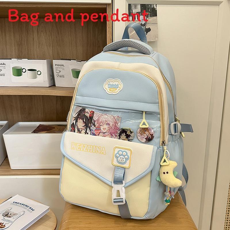 Color Blocked Fashionable Letter Printed Student Backpack With Pendant Daily For