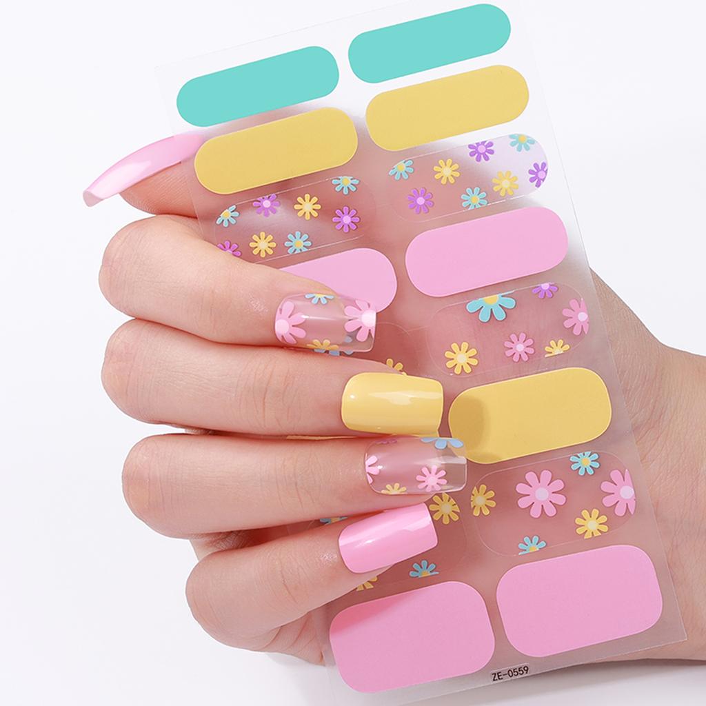 16tips DIY Baking-Free Nail Stickers Spring Flowers Adhesive Nail Strips Patch Slider Full Cover Nail Decoration Decal