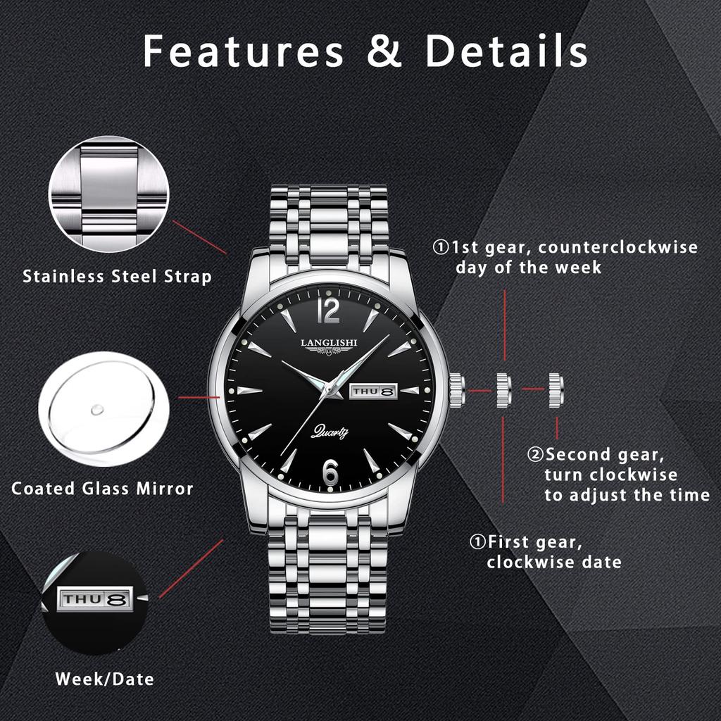 AKNIGHT Men's Analog Watch with Anti-Reverse Bezel, Easy-to-Read Luminous Dial, Stainless Steel Band, 30m Water Resistance, Japanese Manual