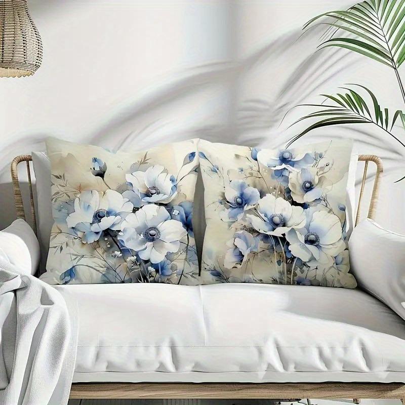 Weiche Blaue Anemone Aquarell Kissenbezug: Minimalistischer Kissenbezug mit floralem Thema für die Wohnzimmer-Sofa-Dekoration