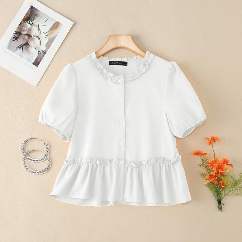 ZANZEA Kvinner Casual Rund Hals Sommer Kort Erm Bluse