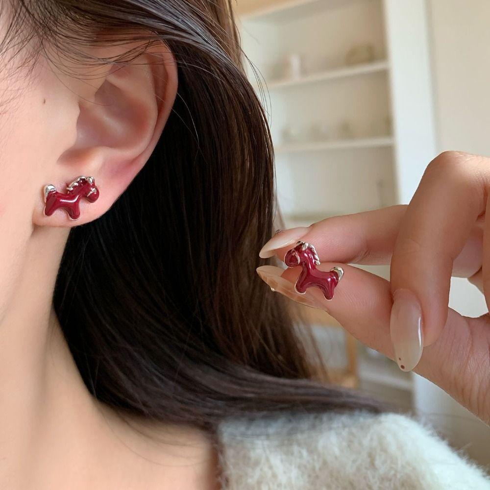 Zinc Zinc Alloy New Year Pony Earrings Fashion Red Drop Earrings Trendy Vintage Drip Oil Earrings  Girls