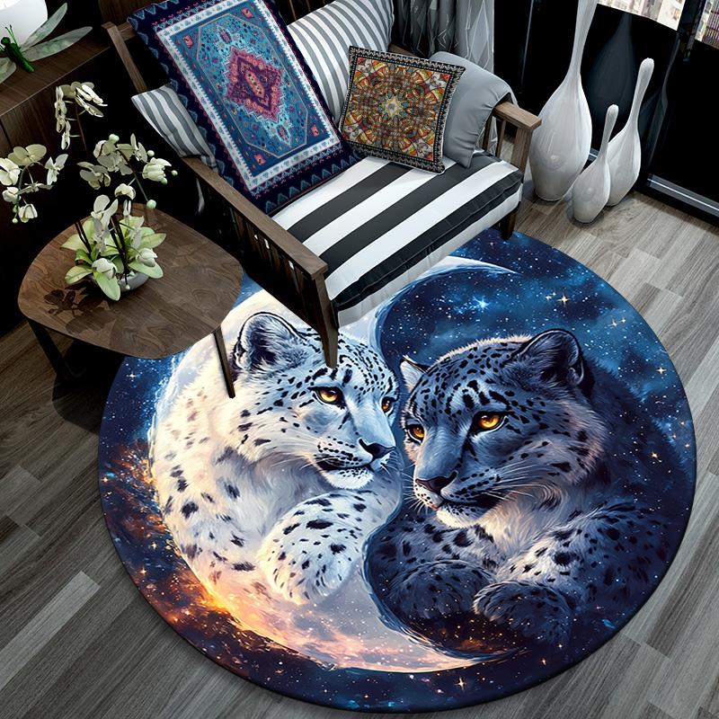 Snow Leopard Round Area Rug,Carpet Rug for Living Room Bedroom Sofa Playroom Decor,Non-slip Floor Mat
