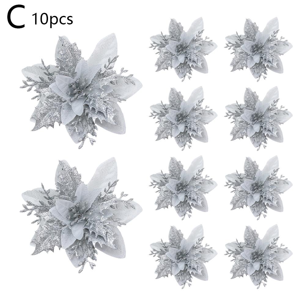 10pcs Christmas Ornament Flower 14cm Glitter Artificial Christmas Flowers Tree Ornaments For Home New Year Gifts Wedding Decor