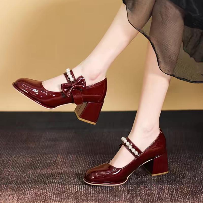 Fashion Platform Beads Bowknot Dating Shoes Spring Black Single Shoes Women Janes Pumps Round Toe Block Heels