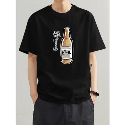 Europäische Größen Herren Kurzarm-T-Shirt mit Digitaldruck einer Bierflasche mit japanischem Text, Perfekt für Sommer-Freizeitkleidung