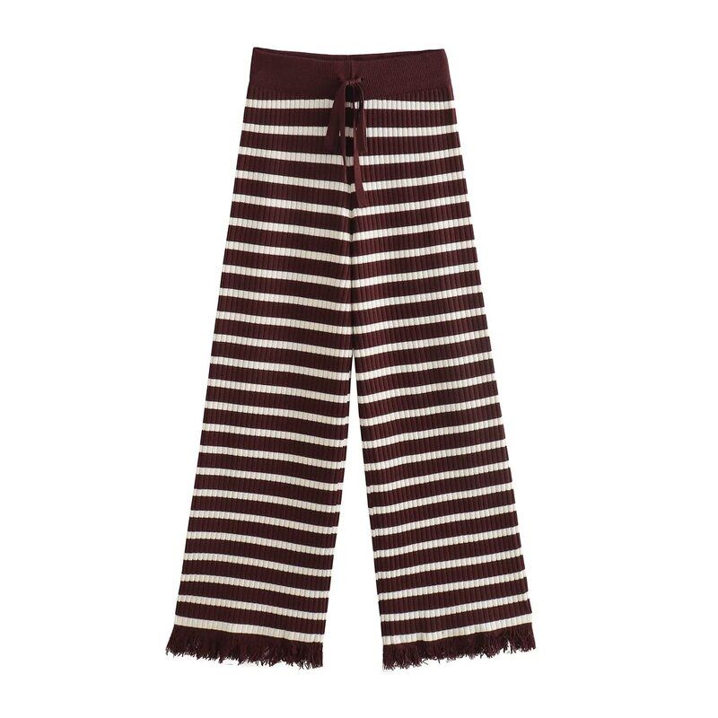 Fashion Wind New Fall Women's Clothing Stripes Contrast Color Straight-leg Fringed Burr Knitting Wool Pants 4 Colors