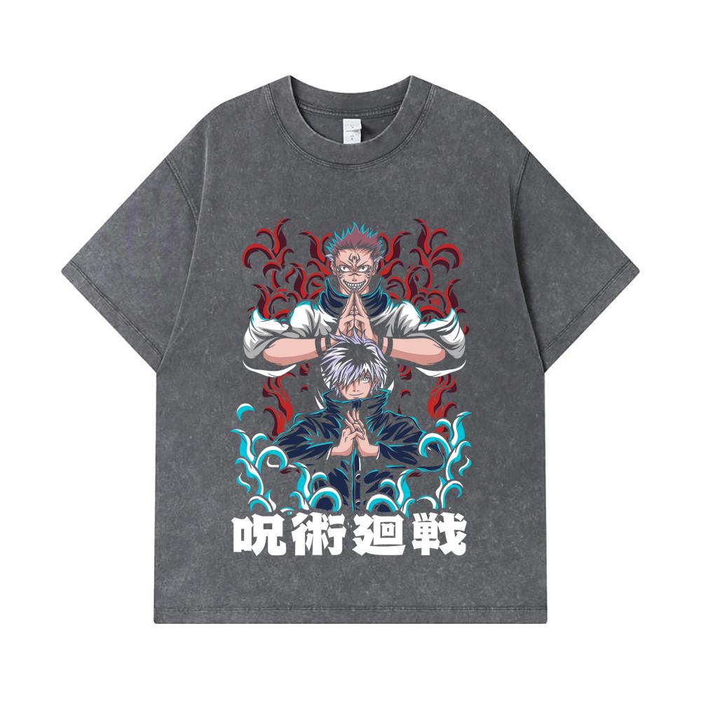 275 GSM Washed T-shirts 100% Cotton Jujutsu Kaisen V49 Gojo Sukuna Print Unisex Heavy Cotton T Shirt