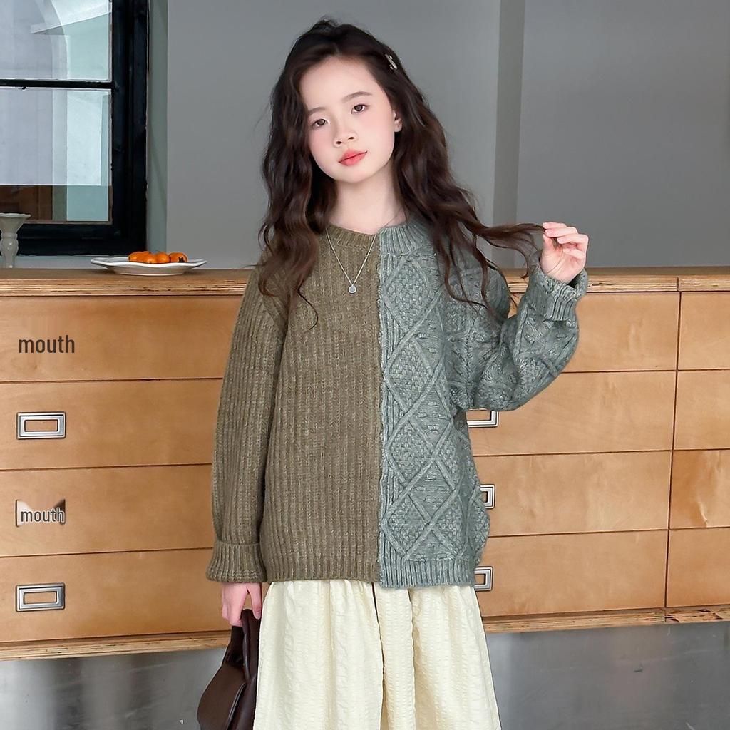 Herbst Winter 2025 Color Block Strickpullover für Mädchen - Trendiges Lazy-Style Oberteil