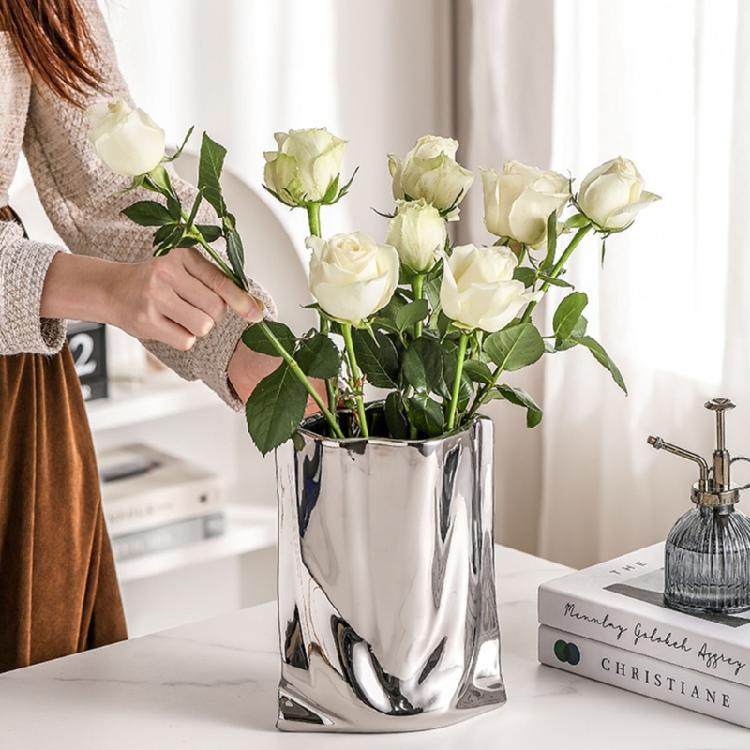 Decorative Electroplated Ceramic Vases With Handmade Pleats Living Room Decoration For Plant And Flowers