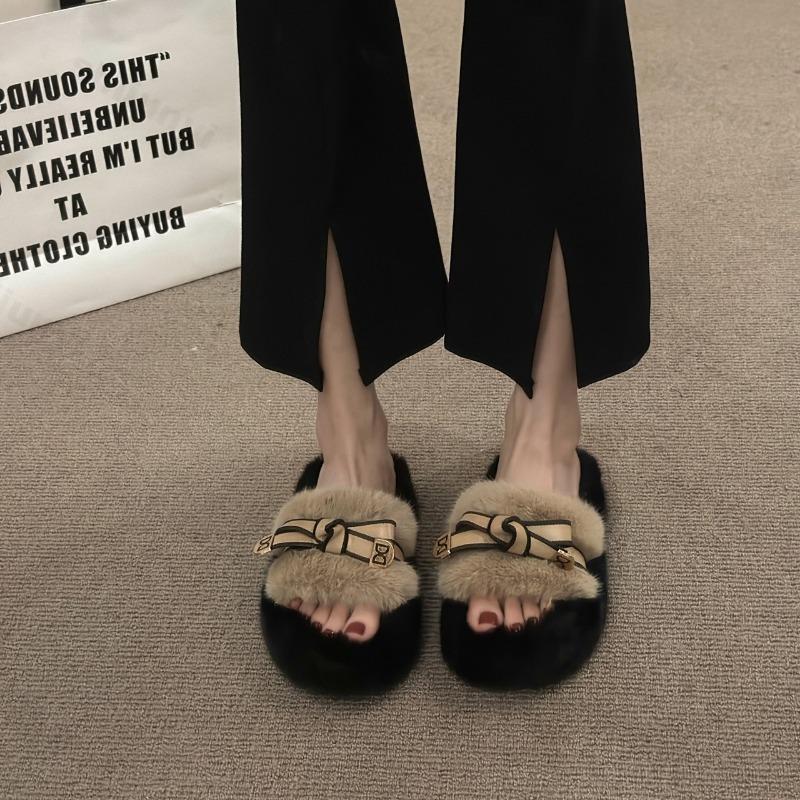 Mode Mode Schleifendesign Lässige Dicke Sohle Haarige Hausschuhe für Damen 2025 Herbst Offene Zehen Bequem Vielseitig Klobige Plüsch-Schleppschuhe