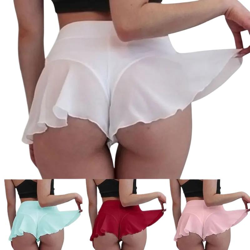 Women's Ruffle Shorts Sexy Lingerie Pantskirt Costume Transparent Thong Panties Mini Skirt Nightwear High Waist See Through