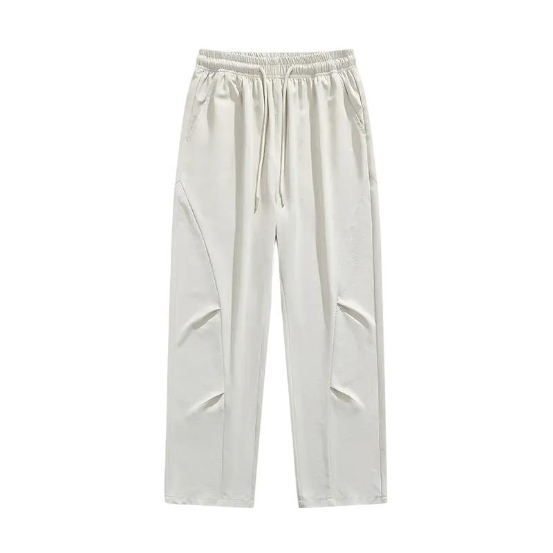 Men's Beige Wide Leg Drawstring Cargo Pants - Oversized Streetwear Baggy Trousers with Pockets