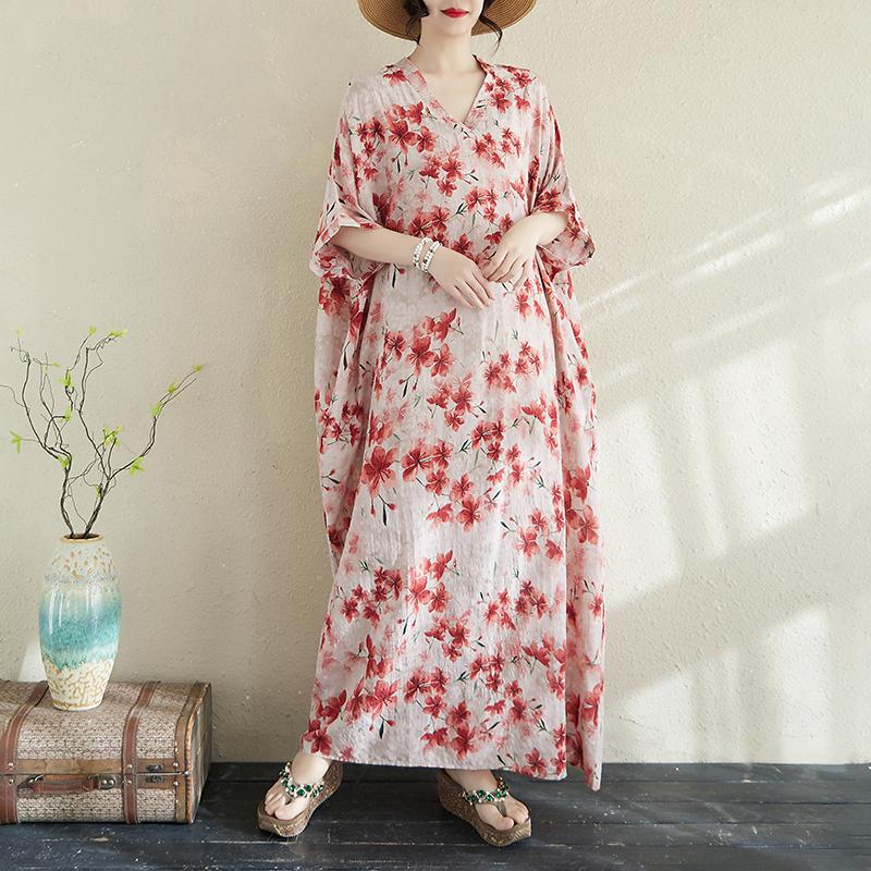 

Dimanaf 2025 Женское Платье Большого Размера Весна Лето Цветочное Платье Повседневное Винтажное Платье Базовое Свободное Льняное Платье Макси One Size красный