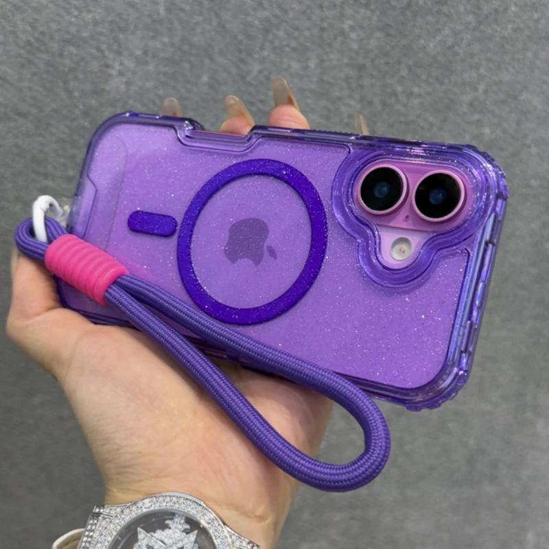 Glitter Transparent Magnetic For Magsafe Case For iPhone 17 15 14 Plus 13 16 Pro Max Wrist Strap Lanyard Shockproof Armor Cover