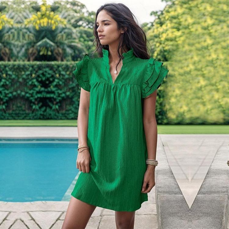 Summer Women Loose Dress Solid Color Standing Collar Lotus Leaf Sleeve Elegant Casual