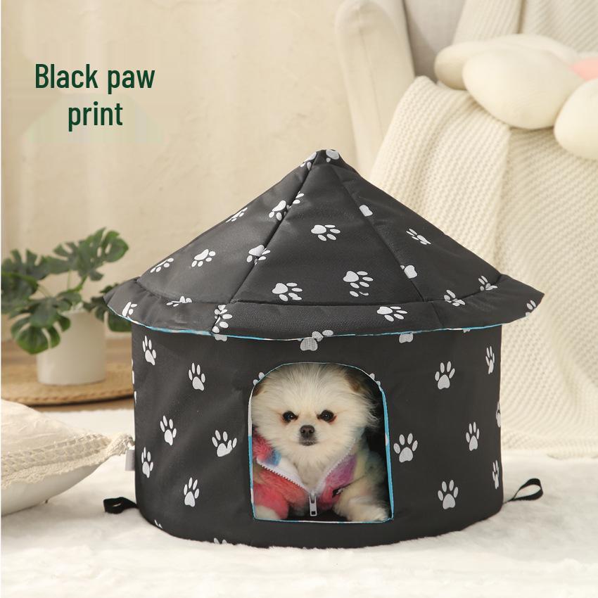 

Convertible Pet House: Outdoor Cat & Dog Tent Nest, Foldable Villa Crate Cage Round Black Paw Print