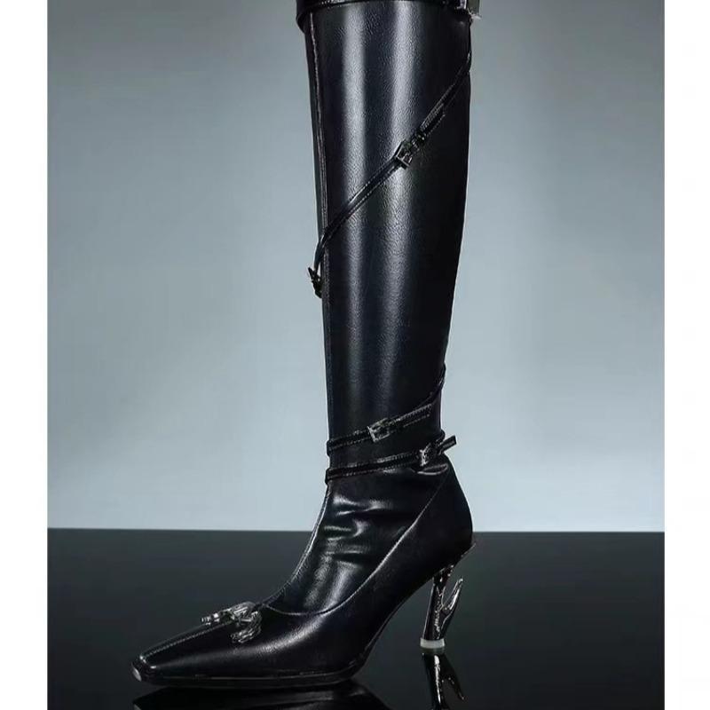 Autumn Special Heel Spice Girl High Heel Boots Pointed Toe Metal Buckle Side Zipper No Knee High Leather Boots