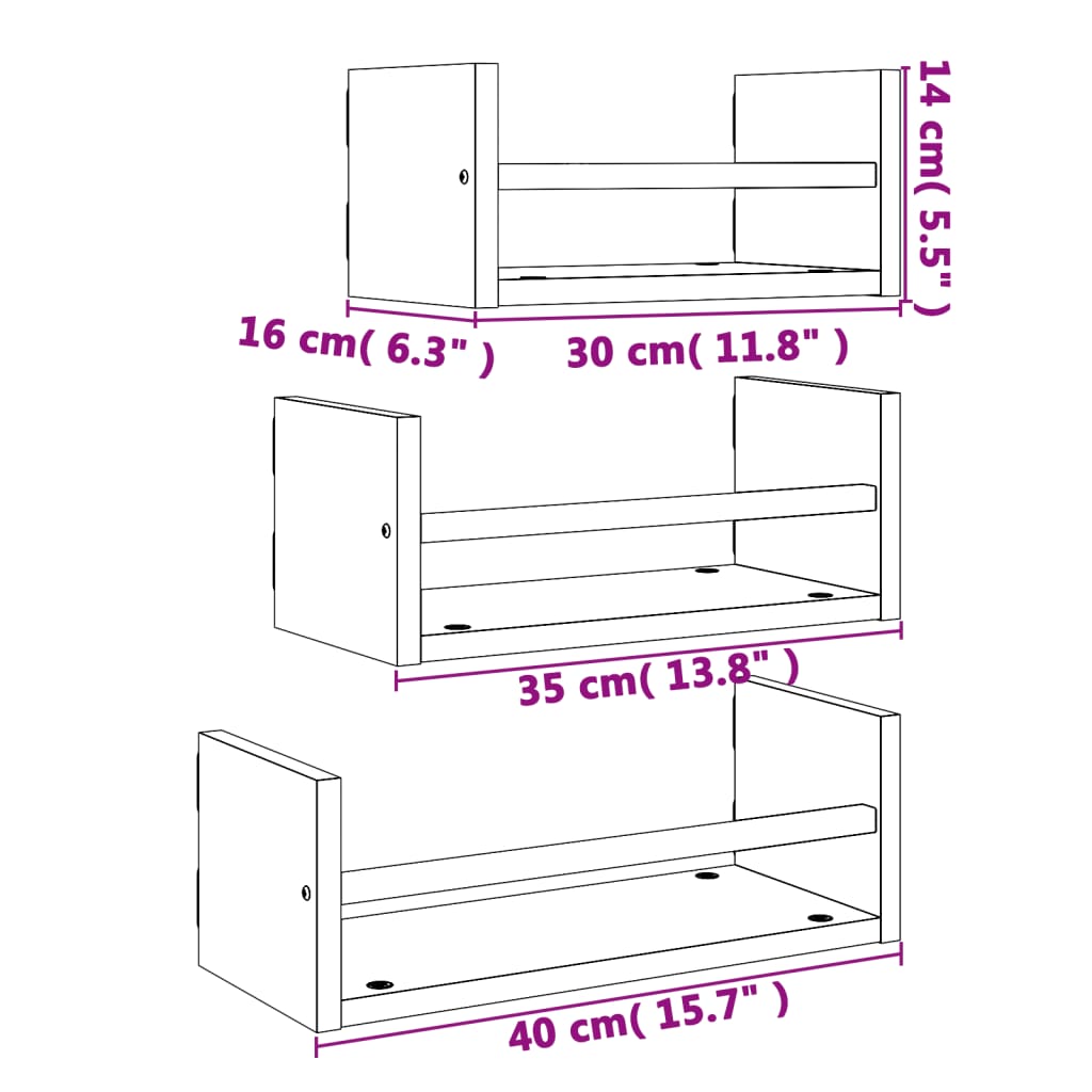 3 piece wall shelf set with bars grey Sonoma engineered wood