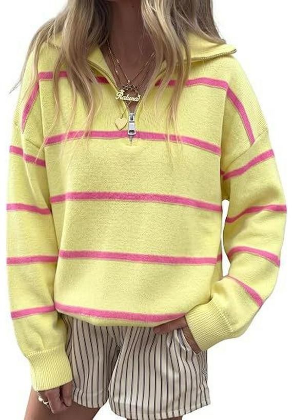 2026 Fall/Winter Women's Striped Zipper Sweater - Loose European and American Fashion Knit Pullover