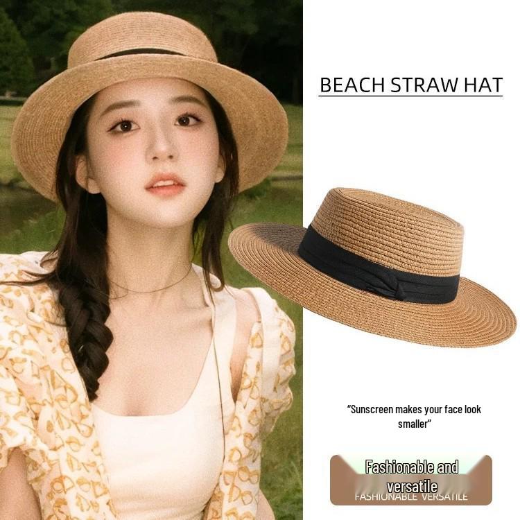 Women's Flat Top French Straw Fedora - Large Brim Summer Sun Hat for Beach Vacation 2025