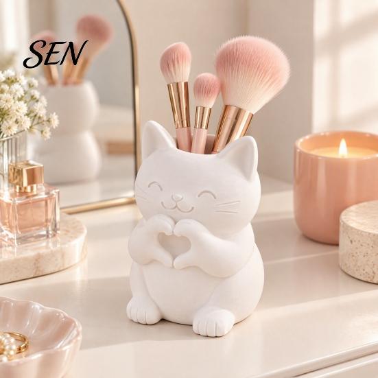 Small Animal Figurine 3D Printed Cute Cat Pen Holder, Decorative Desktop Stationery Organizer for Pencils and Office Supplies Makeup Brushes,
