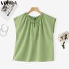 VONDA Women Summer Lace-up Neck Batwing Sleeveless Solid Casual Ruffled Tank Tops