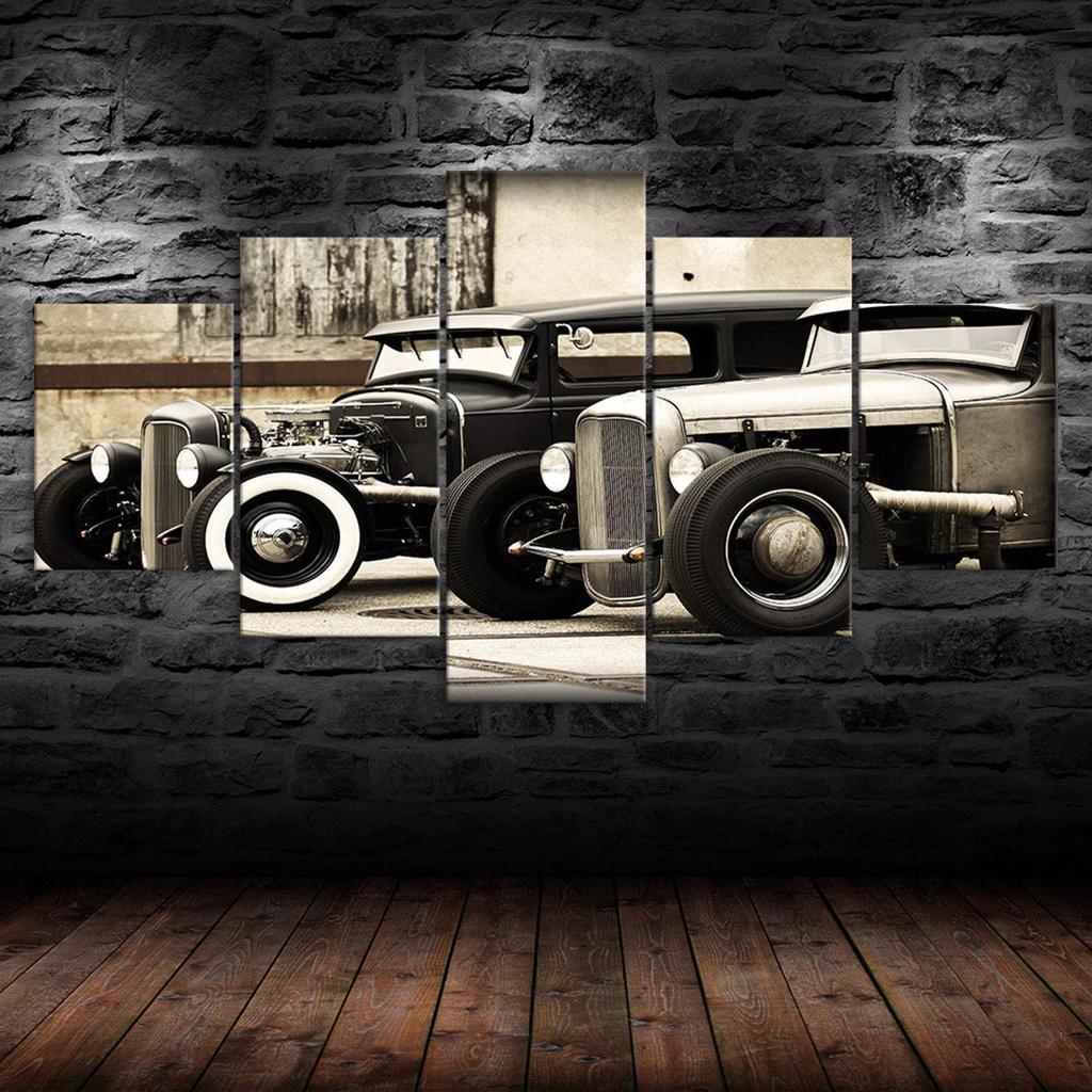 Vintage American Hot Rod Cars Canvas 5 Piece Five Panel Print Modern Wall Art Poster Picture Home Decor Gift For Him For Her