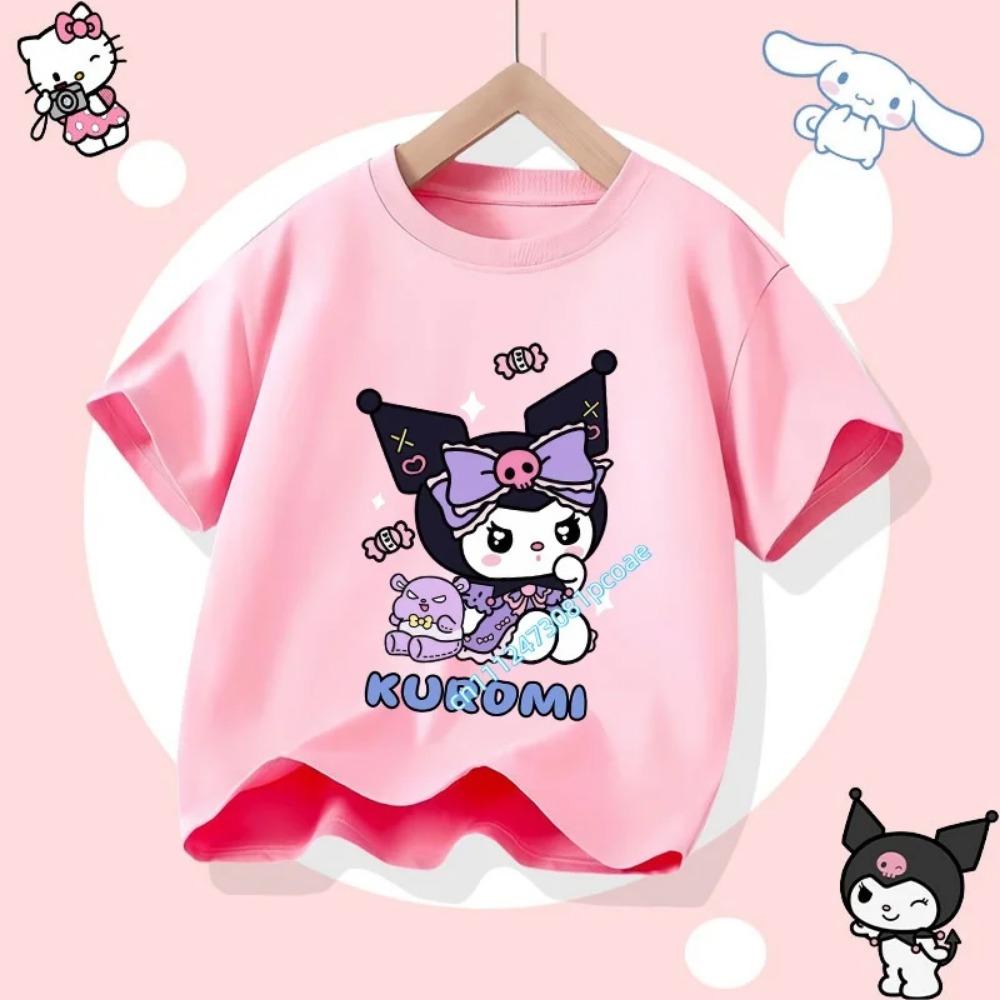 2026 Summer New Soft Cute Kuromi Cartoon Printed Children's T-shirt Loose Casual Round Neck Parent-child Outfit Short Sleeved