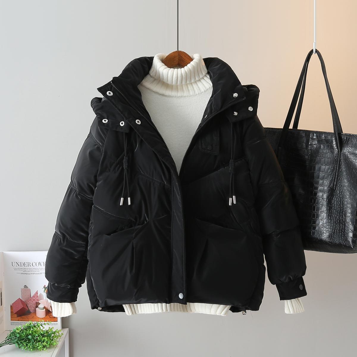 

Женская короткая куртка из хлопка, корейская свободная, тонкая, утолщенная, теплая, с хлопковой подкладкой, верхняя одежда 2023 года, новые универсальные куртки с капюшоном XXL чёрный