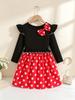 Girls Long Sleeve Red Polka Dot Bow Dress Kids Spring Autumn Princess Dress