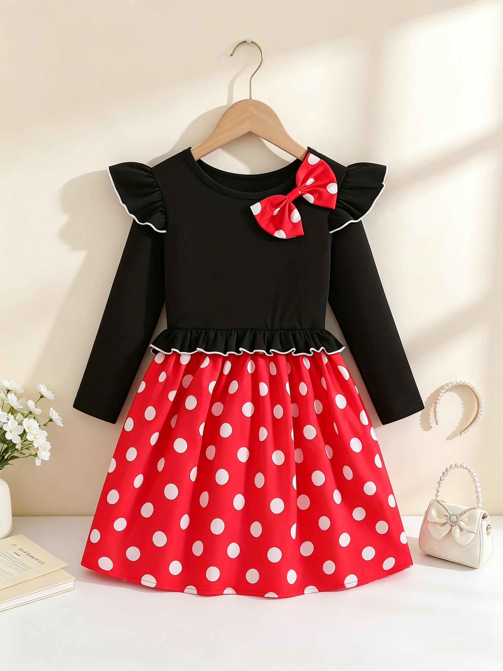 Girls Long Sleeve Red Polka Dot Bow Dress Kids Spring Autumn Princess Dress 1-2Y красный