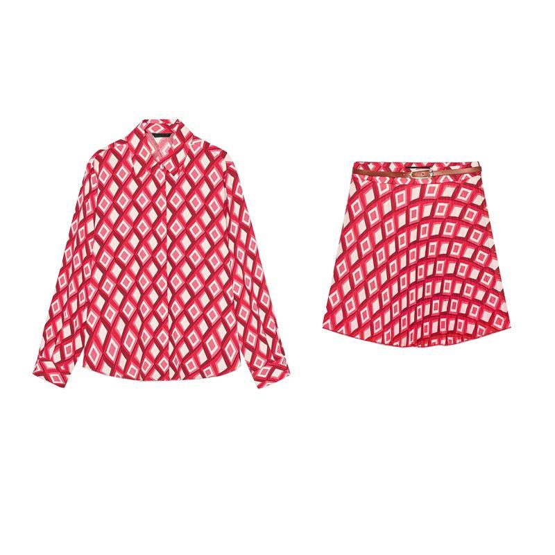 Geometric Pattern Print Long Sleeves Lapel Shirt 2298065 with Belt Print Mini Skirt 2298069