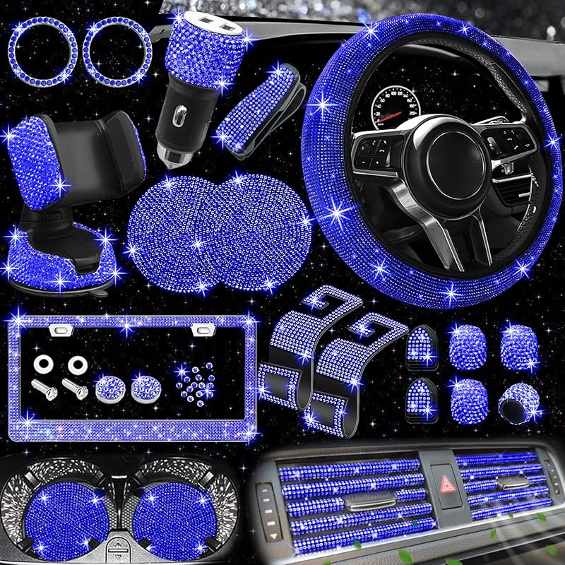 NBTEPEM 27-Piece Bling Car Accessories Set - Universal Fit Steering Wheel Covers, License Plate Frames, Phone Holder, Car Fast Charger, Coasters