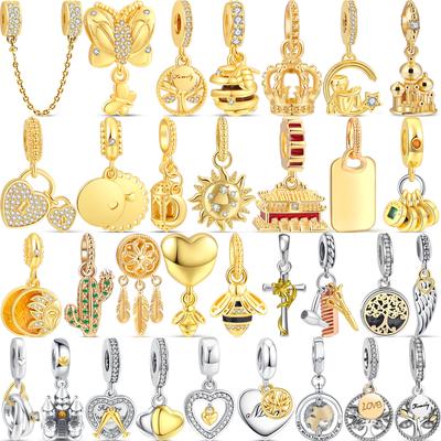 New S925 Silver Feather Castle Sun Tree Heart Family Golden Series Pendant DIY Beads Fit Original  Charms Bracelet Jewelry