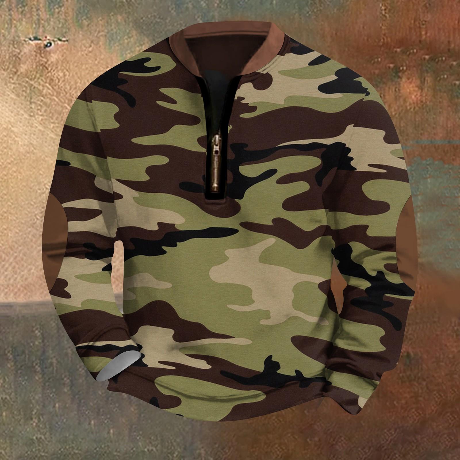 

Мужская модная повседневная свободная толстовка с длинным рукавом и застежкой-молнией на половину воротника с камуфляжным принтом XXL