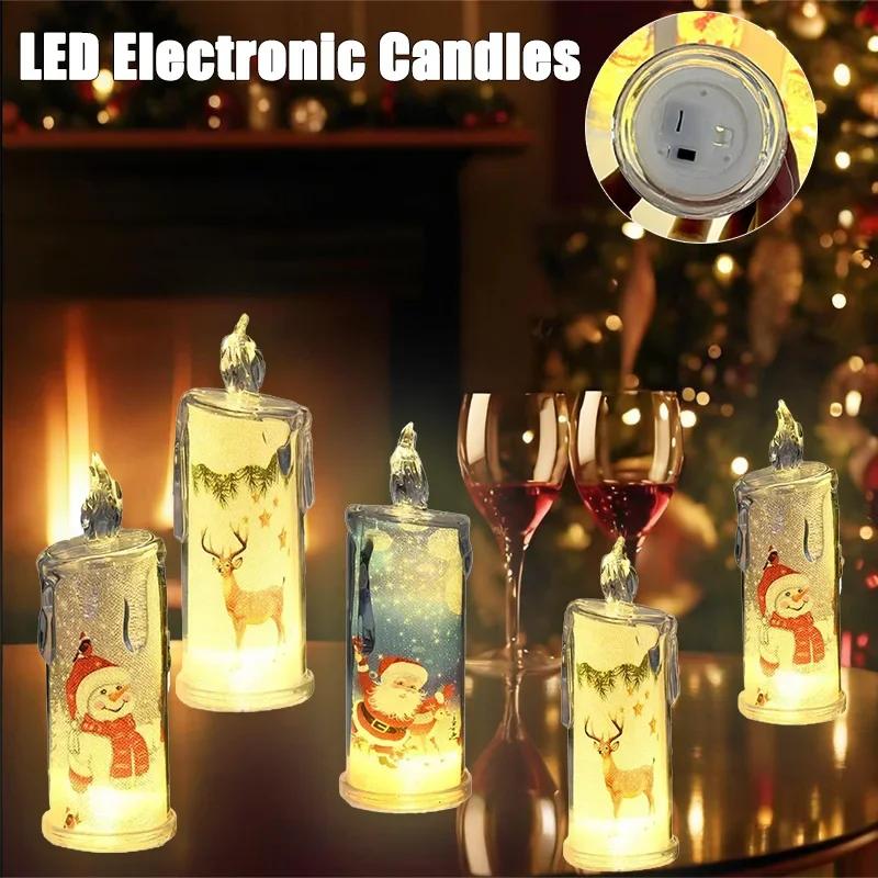 1-10PCS LED Simulation Flameless Candle Transparent Built in Printed Electronic Candle for Christmas Ambient Lighting Decor