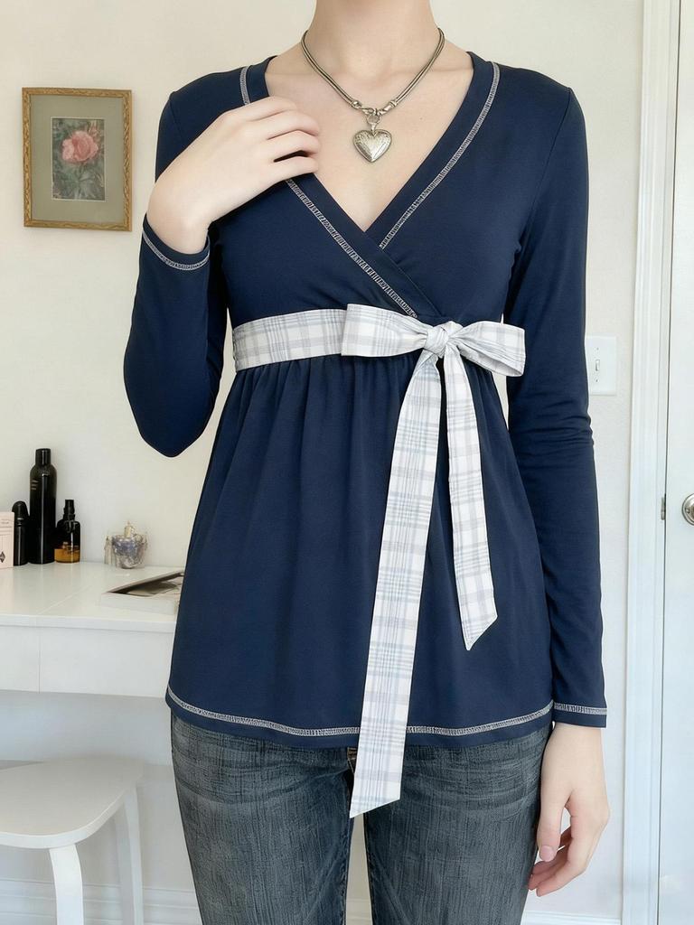 Plaid Bow Tie Lace-up Waist-cinch Babydoll Top - European/American Sweet Style Long-sleeve T-Shirt
