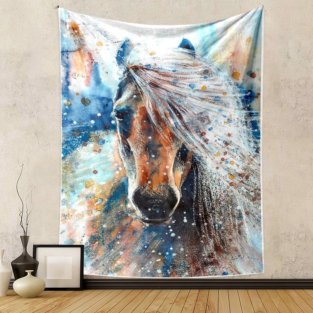 White Horse Watercolor Tapestry Wall Hanging, Elegant Equine Art, Boho Farmhouse Wall Decor for Bedroom Living Room